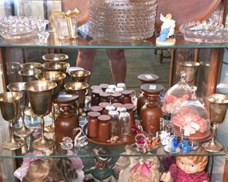 Display Cabinet full of Dolls - Candlewick - Wooden Plates - Silver Goblets