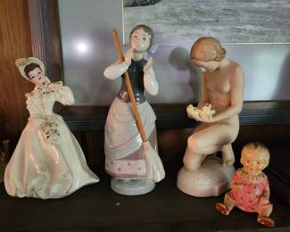 (Center) Lladro Girl With Broom.
(Right) Vintage Hutschenreuther Nude Girl & chicks Figurine, Germany