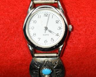 turquoise and coral colored stones silvertone quartz watch