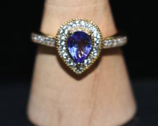 Natural pear cut tanzanite and zircon sterling silver cocktail ring size 9.25