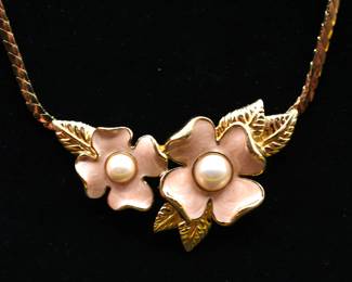 Trifari gold tone necklace with enamel flower