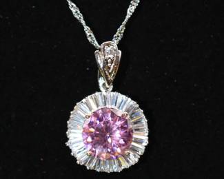 Sparkly pink pendant necklace with silvertone chain