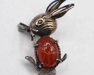 Vintage sterling silver and carved carnelian rabbit pin