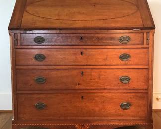 Valley of Virginia or Western Maryland inlaid Hepplewhite Desk c 1790-1800. Beautiful intricate chamfered corners with vine inlay. The design and execution was influenced by Baltimore cabinet makers. The interior prospect door and pigeon holes are of superb design.