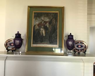 18th c mezzotint of the Prince of Wales. Pair of English Amethyst cut to clear covered urns with Fox Hunting scenes c1900-20. Great selection of early 19th c English Imari porcelain