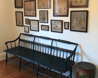 19th c . Mid Atlantic Painted Parsons Bench. Wonderful details
