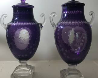 Exquisite Pair of Amethyst Cut to Clear Crystal covered Urns. England c 1900-20. With Fox Hunting Scene on one side. The other side has whip and horn. Pistol Handles. In great condition