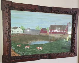 ANTIQUE TRAMP ART FRAME w/VINTAGE OIL PAINTING