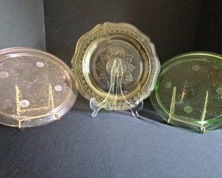 1930s Depression Era Yellow Glass Plate, 1 Pink ,1 Green Uranium Glass Cake Plates