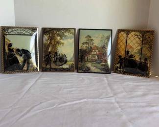 Vintage Reverse Painted Convex Glass 4 With Keyj