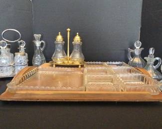 Vintage Cut Glass Cruets And Decanters, Wood Serving Tray