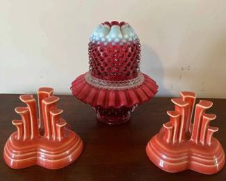 Vintage Fiesta Ware Homer Laughlin Pyramid Tripod Candle Holders Fenton Cranberry Candle Holder