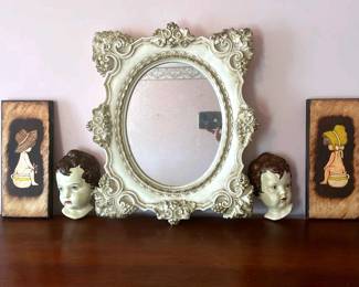 Vintage Mirror, Vintage Chalkware Child Faces Wall hangings, Vintage Wooden Paintings