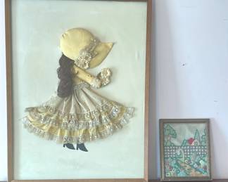 Vtg Holly Hobby 3D Wood Framed Doll Vtg Crewel Embroidery Picture Cottage Garden