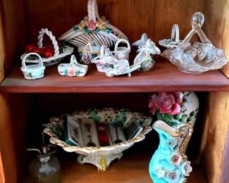 Variety Of Ceramic Glass Miniature Flower Baskets, Decorative Ceramic Vases, Souvenir Spoons, More