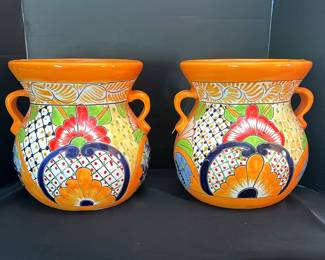2 Large Floral Pattern Orange Ceramic Plant Holders
