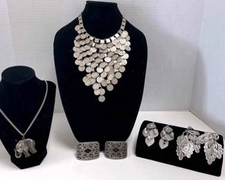 2 Vintage Shoe Clips, Elephant Silver Tone Necklace,Silver Coin Necklace,2 Silver Plated Earrings