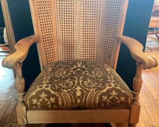 Antique Wooden Wicker Rocking Chair W Damask Green Pattern on Seat