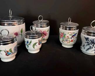 6 Vintage Egg Coddlers 1 Xtra Large, 3 Large, 2 Small Royal Worcester, Aynsley, Blue Onion