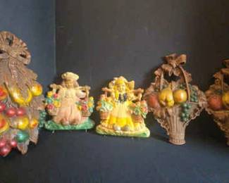1951 Chalkware Dutch Girls Carrying Baskets And Vintage Composite Fruit Basket And Fruit Decor