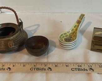 Vintage Japanese Stoneware Tea Set, Chinese Soup Spoons, MCM Makeup Compact