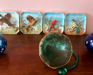 Vintage Hand Painted Bird Ceramic Pottery,Blown Glass Hanging Wallflower Vase,2 Plant Watering Globe