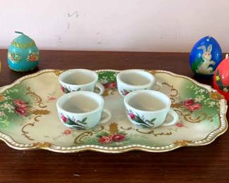 Vintage Easter Egg Candles,4 Mini Porcelain Teacups Floral,Alanternier France Floral Porcelain Plate