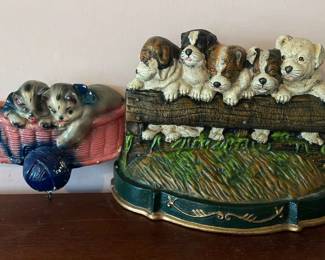 Vintage Chalkware 9x5 Kitten Yarn Wall Art Puppies On A Fence 8x12 Cast Iron Door Stop