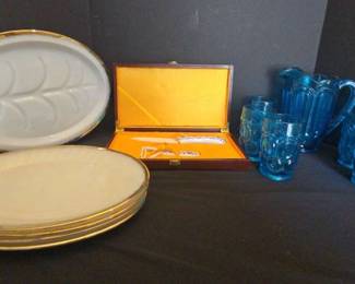 Fire King Oven Ware 1 Serving Platter, 4 Plates, Ceramic Knife Set, Vintage Pitcher And Glassware