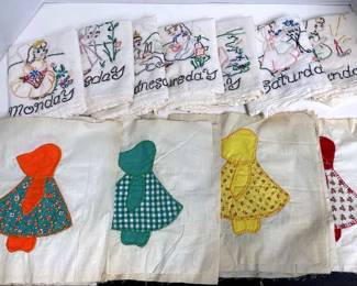 Vtg Days Of The Week Embroidered Tea Dish Towels Bonnet Girl Dress Quilt Squared