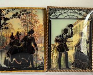 4 Vintage Reverse Painted Sillouette Convex Glass Pictures