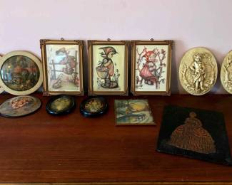 Hummel Wooden Frames,Porcelain 3D Wall Art,2 Shell Art,3D Bubble Glass Art,Hammered Copper Picture