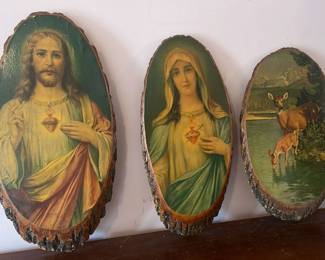 3 Vintage Oval Wood Slice Plaques Sacred Heart Mary, Sacred Heart Jesus, The Ozarks Doe And Fawn