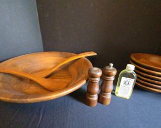Wooden Set Salad Mixing Bowl, Mixing Spoon Fork, 6 Bowls, Salt Pepper Shaker, Wood Food Oil