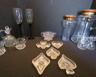 Vintage Teak Cooling Pitcher, Set Of Card Suit Etched Glass Dishes, Small Etched Glass Cruet