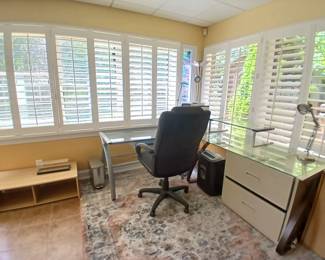 Office highback chair and glass top desk
