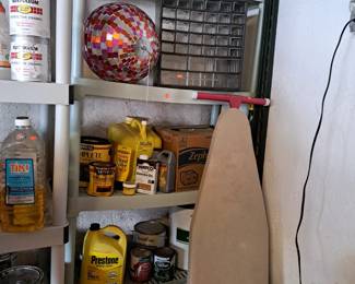 CHEMICALS, PAINT SUPPLIES, IRONING BOARD, HARDWARE CHEST, MISC.