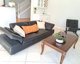 SCAN DESIGN SOFA WITH FOLD DOWN ARMS, TOSS PILLOWS, COFFEE TABLE, OCCASIONAL CHAIR