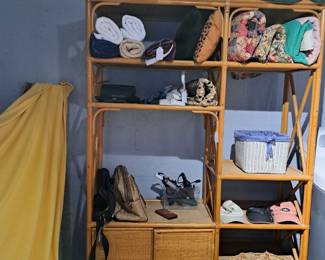 RATTAN SHELVING, SLEEPING BAGS, QUILTS, TOWELS, PILLOWS, CAPS, PURSES, MISC.
