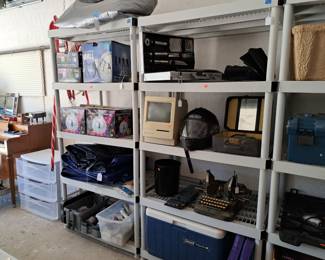 ANTIQUE TYPEWRITER, KEYBOARD, HELMET, OLD MAC COMPUTER, TARPS, GLITTER BALLS, STORAGE DRAWERS