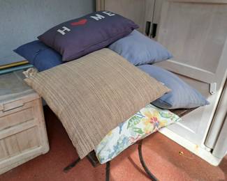 PATIO PILLOWS, TABLE AND STORAGE CABINET