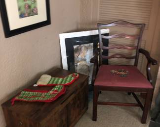Vintage crocheted stockings on a blanket chest.