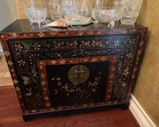 Vintage black lacquer, hand painted Asian style chest.