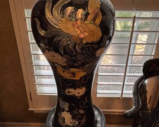 A Korean mother of pearl inlay black lacquer floor vase and pedestal.