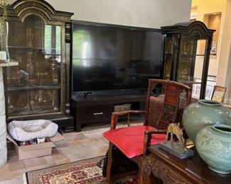 Pair of Boulle cabinets and an 82" flat screen