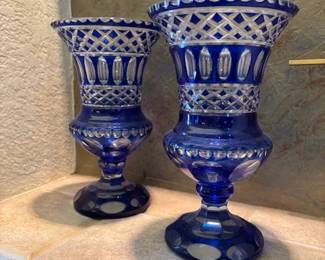 Pair of blue cut to clear vases.