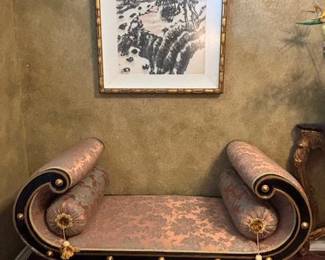 Regency style window seat with silk upholstery.