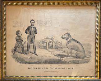 Currier and Ives print of "The Old Bull Dog on the Right Track" depicts the 1864 presidential election and the civil war.