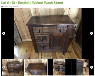 Lot # : 10 - Eastlake Walnut Wash Stand
Measures 29" x 15" x 30" tall, circa 1880's - 90's, 3 drawers, 1 door and teardrop pulls