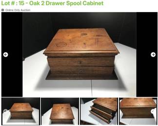 Lot # : 15 - Oak 2 Drawer Spool Cabinet
Measures 13" x 13" and has some damage to the top.